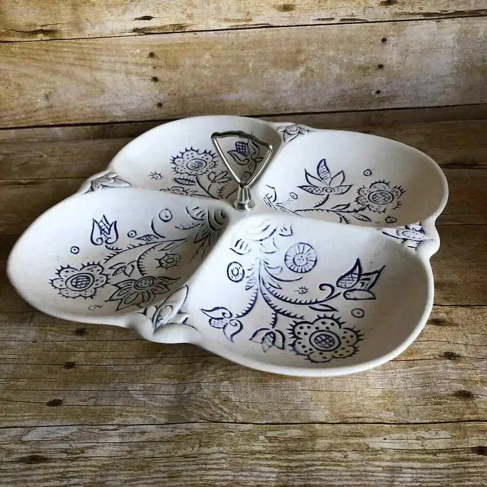 California Pottery Vintage White & Blue Floral Divided Serving Tray - Ceramic